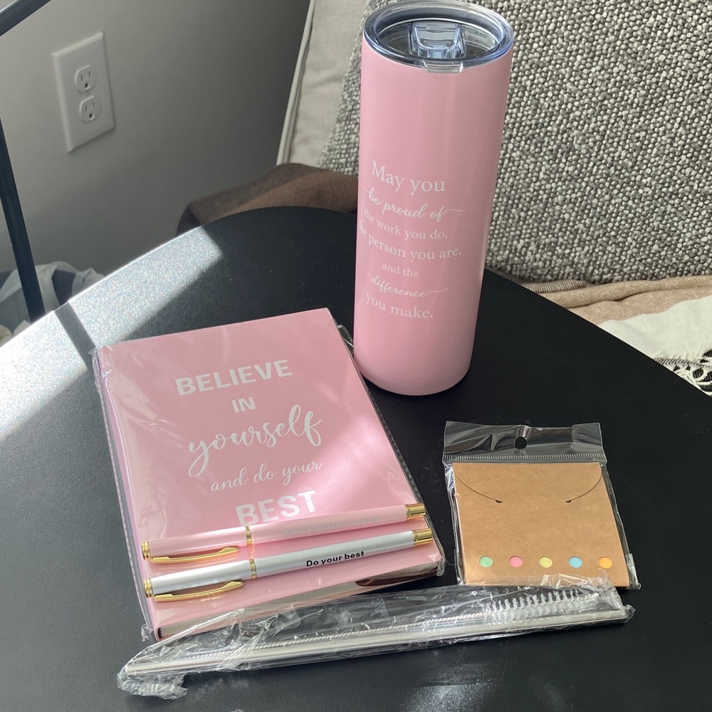 Motivational Pink and Silver Stationary Set with tumbler